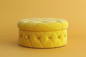 Yellow tufted ottoman against a bright yellow wall in a modern interior setting photo