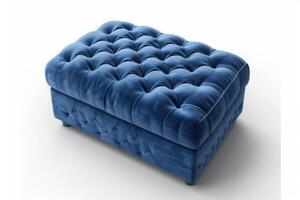 Plush blue velvet tufted ottoman with storage in a minimalist setting photo