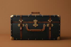 Vintage green suitcase with leather accents on a neutral background photo
