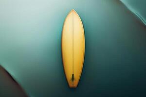 Aerial view of a yellow surfboard resting on tranquil ocean waters at sunrise photo