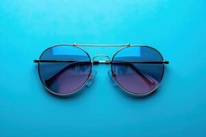 Stylish round sunglasses with colored lenses on a blue background photo