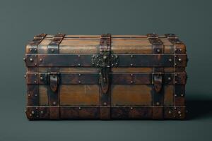 Vintage wooden trunk with metal accents on a dark background photo