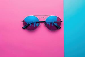 Colorful sunglasses on a vibrant background with silhouettes reflected in the lenses photo