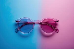 Colorful round sunglasses on a pink and blue gradient background photo