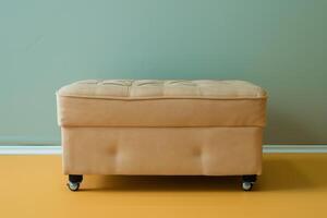 Soft beige storage ottoman on wheels against a light green wall in a cozy room photo