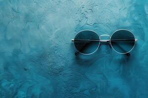 Stylish round sunglasses resting on a textured blue background photo