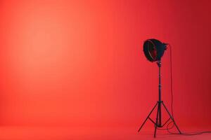 Studio lighting setup for a photoshoot against a bright red backdrop in the afternoon photo