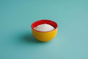 Bowl of white sugar on a turquoise background with a red rim photo