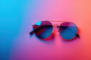 Colorful sunglasses placed on a gradient backdrop during a bright afternoon photo