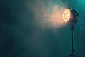 Spotlight shining through smoke in a darkened performance space photo
