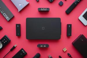 Various tech gadgets and accessories arranged on a vibrant red background photo