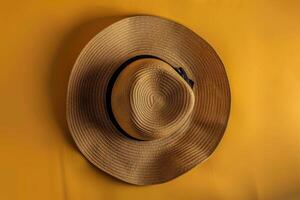 Sun hat resting against a vibrant yellow background photo
