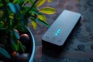 An electronic device with blue lights beside a potted plant in a softly lit room photo