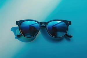 Stylish black sunglasses resting on a blue surface with reflections in bright daylight photo