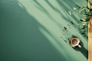 Morning coffee on a green table with a leafy branch casting shadows photo