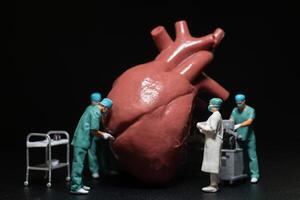 Miniature medical professionals performing a procedure on a large, anatomically accurate heart model. photo