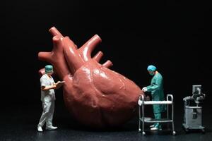 Miniature medical professionals performing a procedure on a large, anatomically accurate heart model. photo