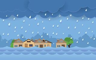 Flood natural disaster with house, heavy rain and storm , damage with home, clouds and rain, flooding water in city, Flooded house. vector