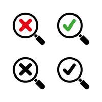 magnifying glass with checkmark and cross icon vector