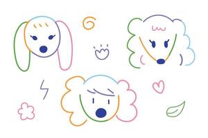 Cute dogs face hand drawn doodle with colorful line for element illustration pet clinic and kid vector