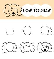 How to draw dog face cartoon step by step for learning, kid, education, coloring book. vector