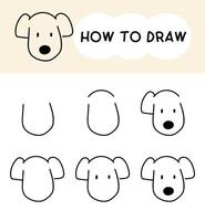 How to draw dog face cartoon step by step for learning, kid, education, coloring book. vector