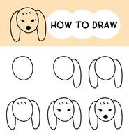 How to draw dog face cartoon step by step for learning, kid, education, coloring book. vector