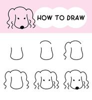 How to draw dog face cartoon step by step for learning, kid, education, coloring book. vector