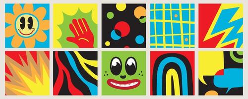 Hand drawn Abstract shapes, funny cute Comic characters. Big Set of Different colored illustartions. Cartoon style. Flat design. All elements are isolated. Square Posters, logo Templates vector