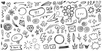Doodle set of hand-drawn cartoony expression sign doodle, curve directional arrows, emoticon effects design elements, cartoon character emotion symbols, cute decorative brush stroke lines. vector