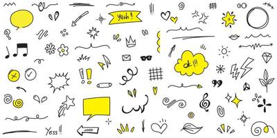 Doodle set of hand-drawn cartoony expression sign doodle, curve directional arrows, emoticon effects design elements, cartoon character emotion symbols, cute decorative brush stroke lines. vector