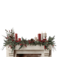 Charming Holiday Mantle Arrangement with Candles and Evergreen Decor for a Cozy Winter Atmosphere png