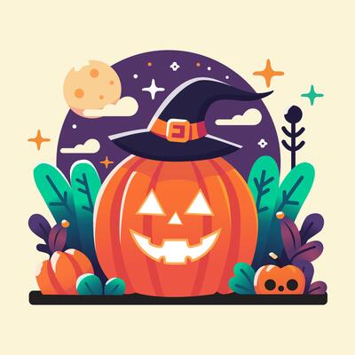 Halloween pumpkin cartoon wearing witch hat with spooky colored environment. Jack o lantern.