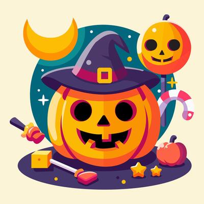Halloween pumpkin with happy expression. Cartoon character illustration with moon, candy, and fruit.