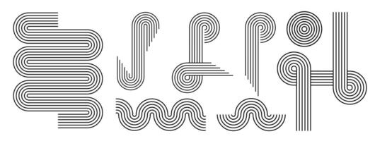 Linear abstract geometric elements, circle, arch, wave, retro mid century shapes icon set in boho zen style. Bauhaus vector