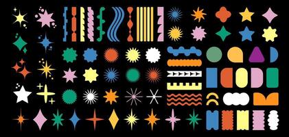 Brutalism retro 90s style naive playful abstract shapes sticker pack. Groovy circle oval rectangle arch eyes typography in trendy. With wavy geometric elements. vector