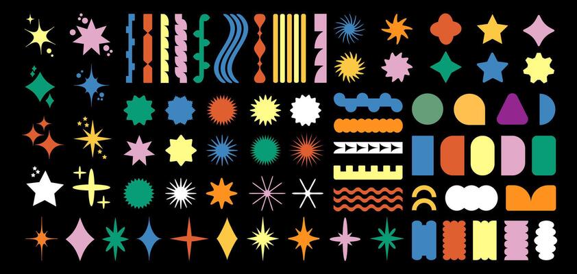 Brutalism retro 90s style naive playful abstract shapes sticker pack. Groovy circle oval rectangle arch eyes typography in trendy. With wavy geometric elements.