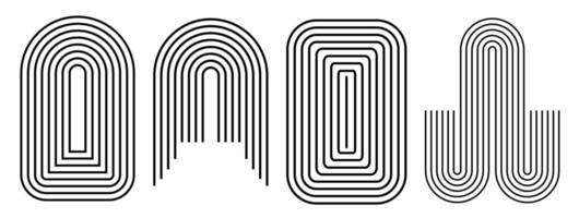 Line abstract geometric elements, circle, arch, wave, retro icon set of mid century shapes. Editable stroke . vector