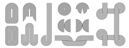 Linear abstract geometric elements, circle, arch, wave, retro mid century shapes icon set in boho zen style. Bauhaus pattern abstract geometric. vector