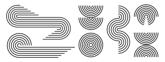 Linear abstract geometric elements, circle, arch, wave, retro mid-century shapes icon set in boho zen style. Bauhaus pattern design memphis swiss. Editable stroke . vector