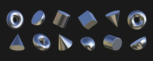 Set of 3D simple geometric shapes. Chrome elements with a liquid metal texture for a Y2K style design. 3D rendered shapes in retro futurism aesthetics. vector