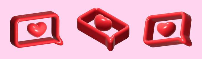 Set of 3D speech bubbles with red plastic texture. Playful frame with red heart, like, review, social networks. vector