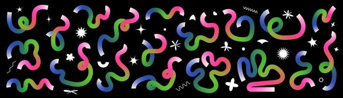 Set of abstract liquid doodle elements in neon colors. Minimalist curved gradient ribbons for creating modern designs. vector