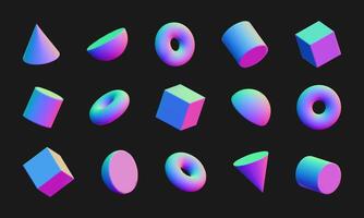 Set of 3D simple geometric shapes, holographic elements for Y2K style design. 3D rendered shapes in retro futurism aesthetics. vector