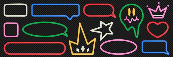 Set of different speech bubble frames in 3D style. Inflated elements in the form of frames, crowns, hearts, stars with a multicolored texture of plastic, plasticine. vector