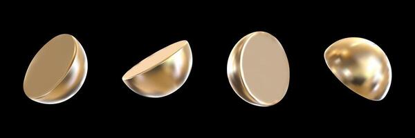 Set of 3D geometric shapes in the shape of a half circle with a gold texture. Abstract simple metal shapes in three-dimensional space. vector