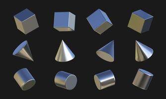 Set of 3D simple geometric shapes. Chrome elements with a liquid metal texture for a Y2K style design. 3D rendered shapes in retro futurism aesthetics. vector