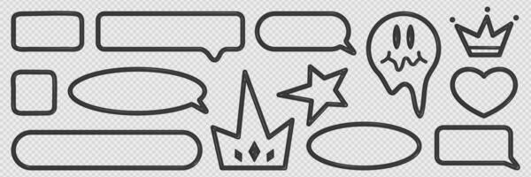 Set of different speech bubble frames in 3D style. Inflated elements in the form of frames, crowns, hearts, stars with a black texture of plastic, plasticine. vector