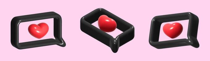 Set of 3D speech bubbles with black plastic texture. Playful frame with red heart, like, review, social networks. Black Friday. vector