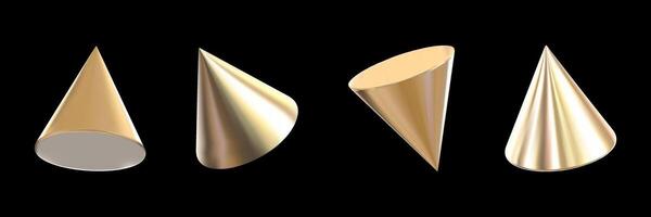 Set of 3D geometric shapes in the shape of a pyramid with a gold texture. Abstract simple metal shapes in three-dimensional space. vector
